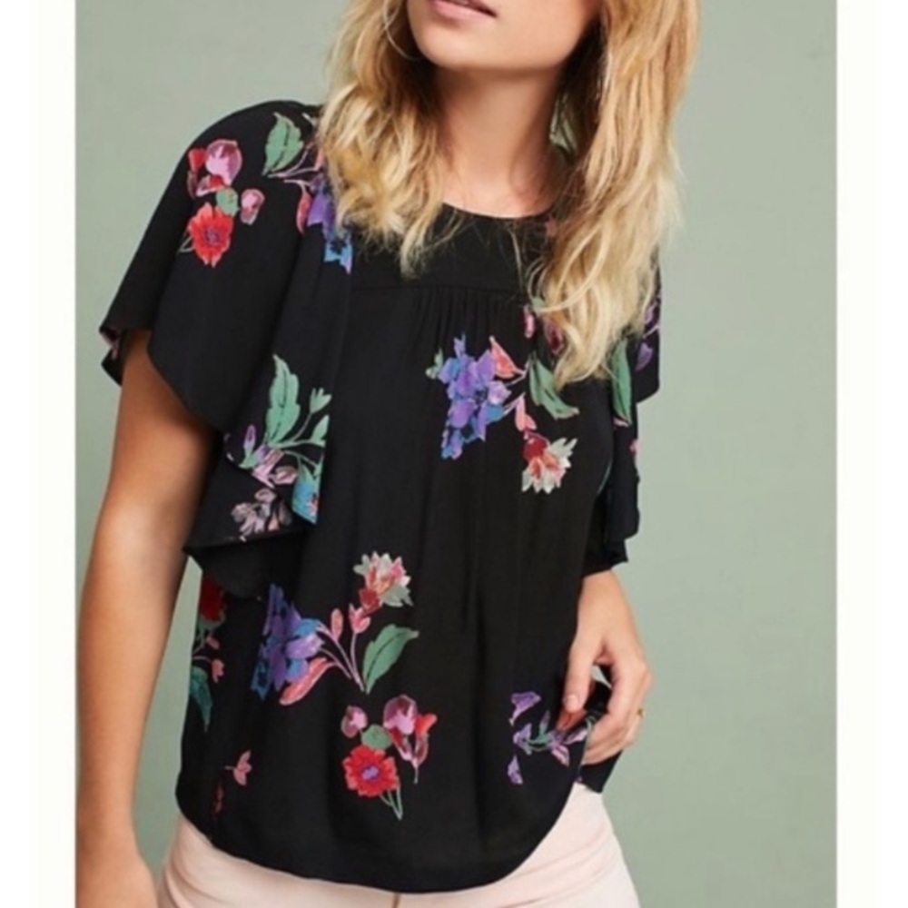 ANTHROPOLOGIE MAEVE FLUTTER SLEEVE FLORAL BLOUSE WHIMSICAL ROMANTIC BOHO MEDIUM